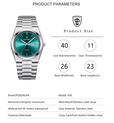 Poedagar Men's Luxury Dress Watch - Turquoise Silver